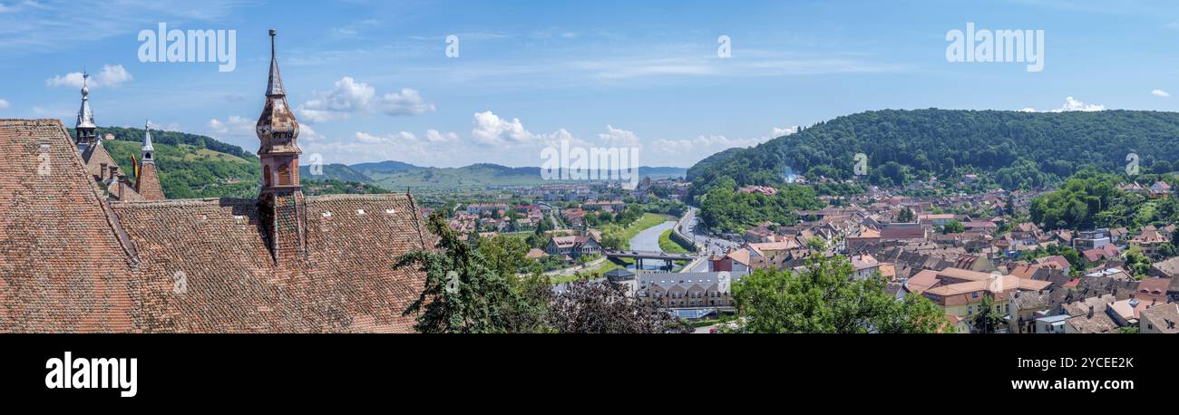 Panorama of Sighisoara viewed from the Clock Tower Stock Photo