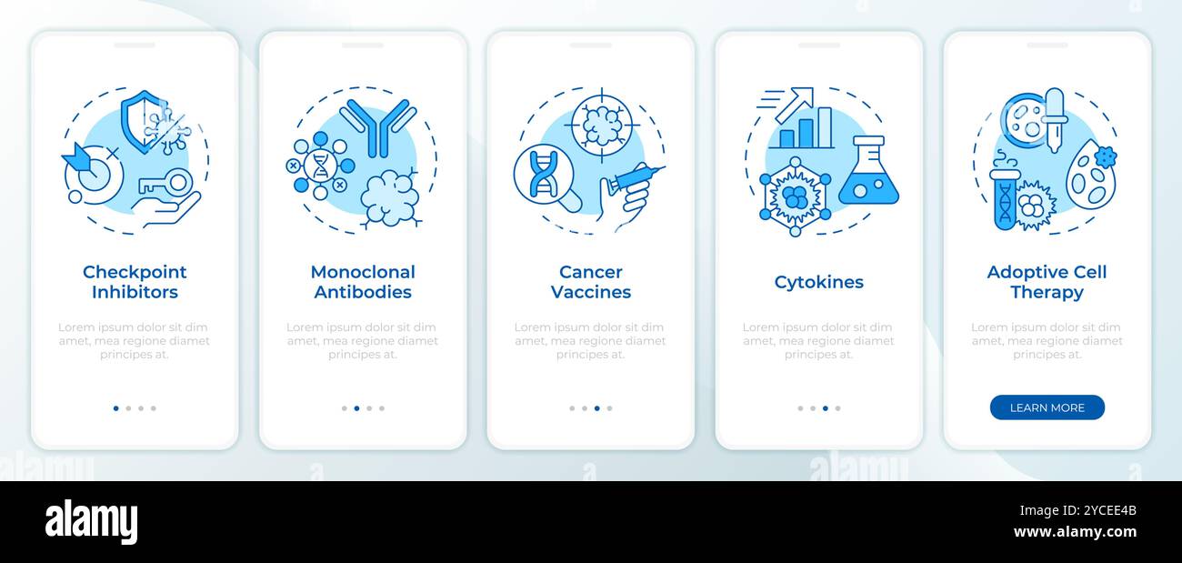 Immunotherapy types blue onboarding mobile app screen Stock Vector