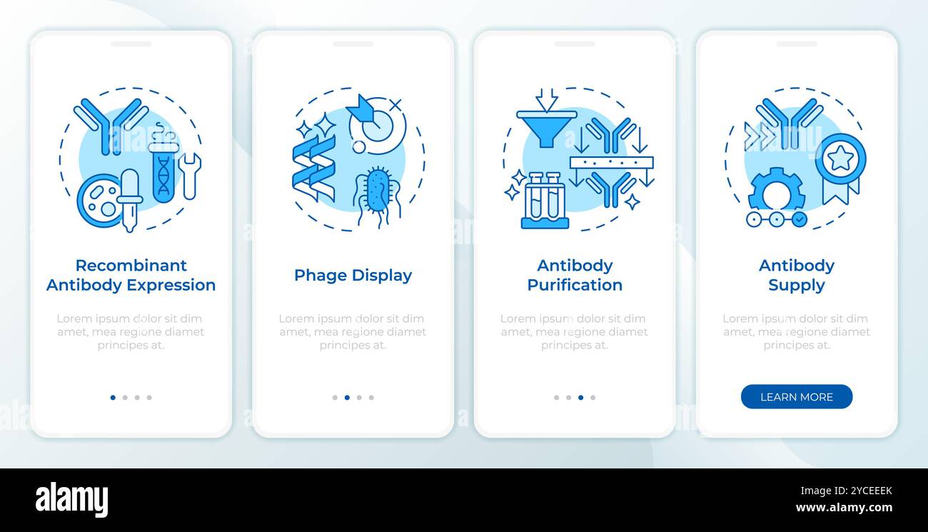 Antibody production process blue onboarding mobile app screen Stock Vector