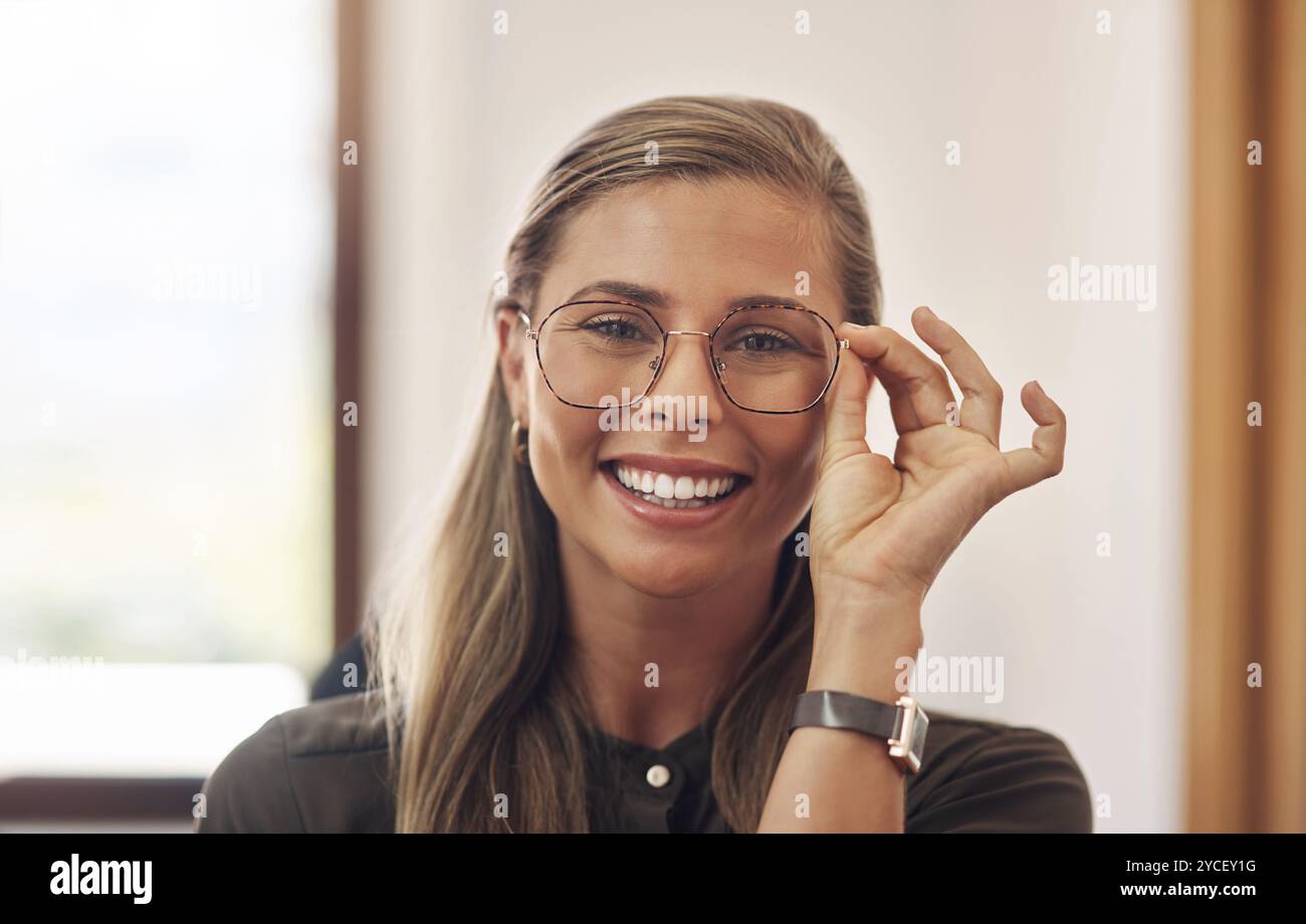 Glasses, portrait and business woman in office for creative director, exhibition designer or museum curator. Gallery event, professional and project Stock Photo