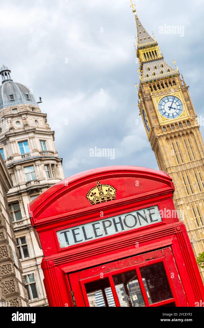 Retro red phone box in london with big ben hi-res stock