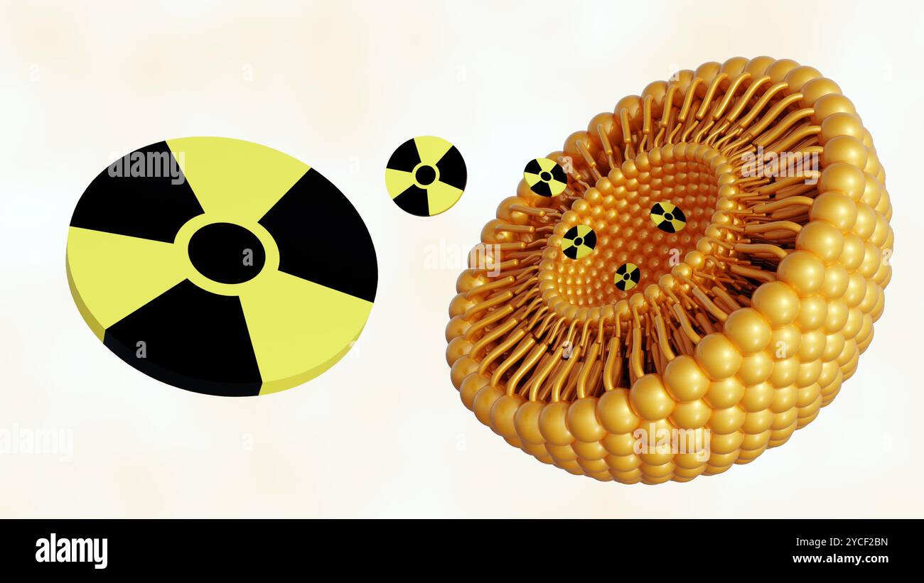 3d rendering of liposome and radioactive symbol. they have potential in medical applications, particularly in imaging and targeted therapy. Stock Photo