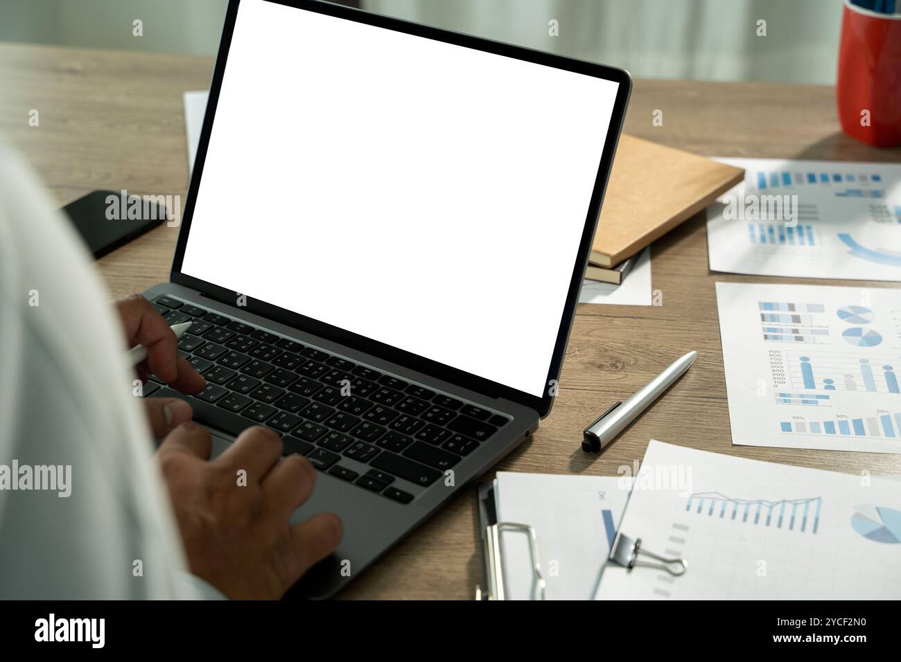 young man working Businessman using a desktop computer of the blank screen Stock Photo