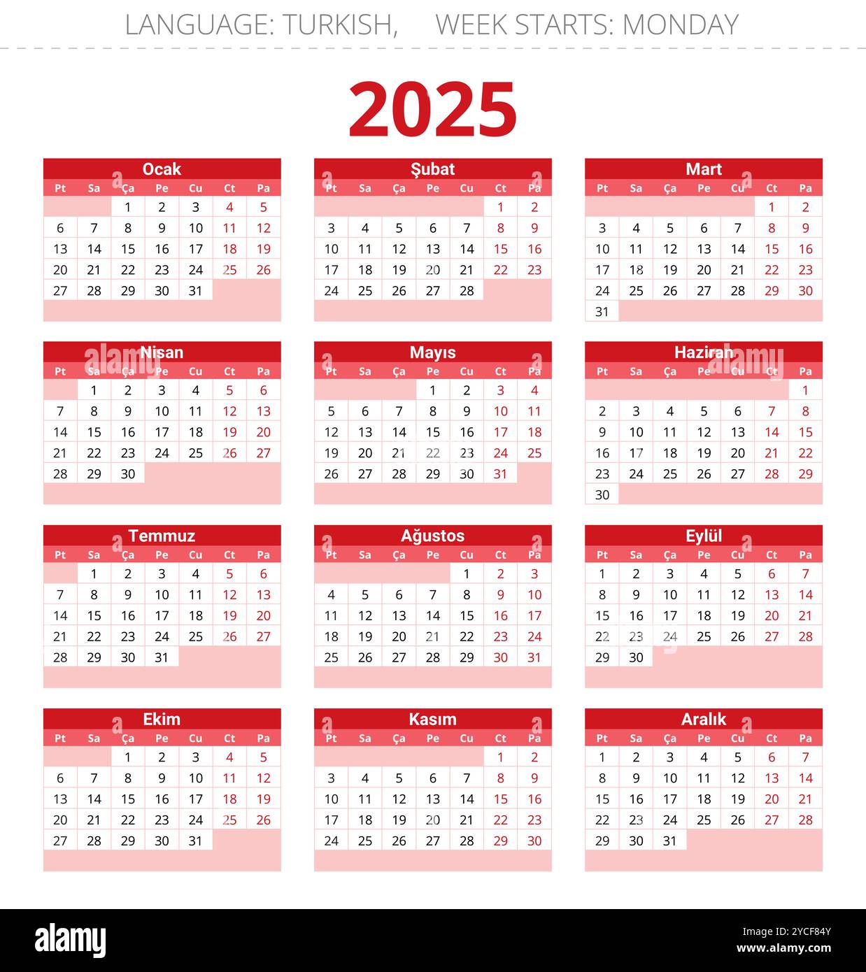2025 year turkish calendar. Printable vector illustration for Turkey in ...