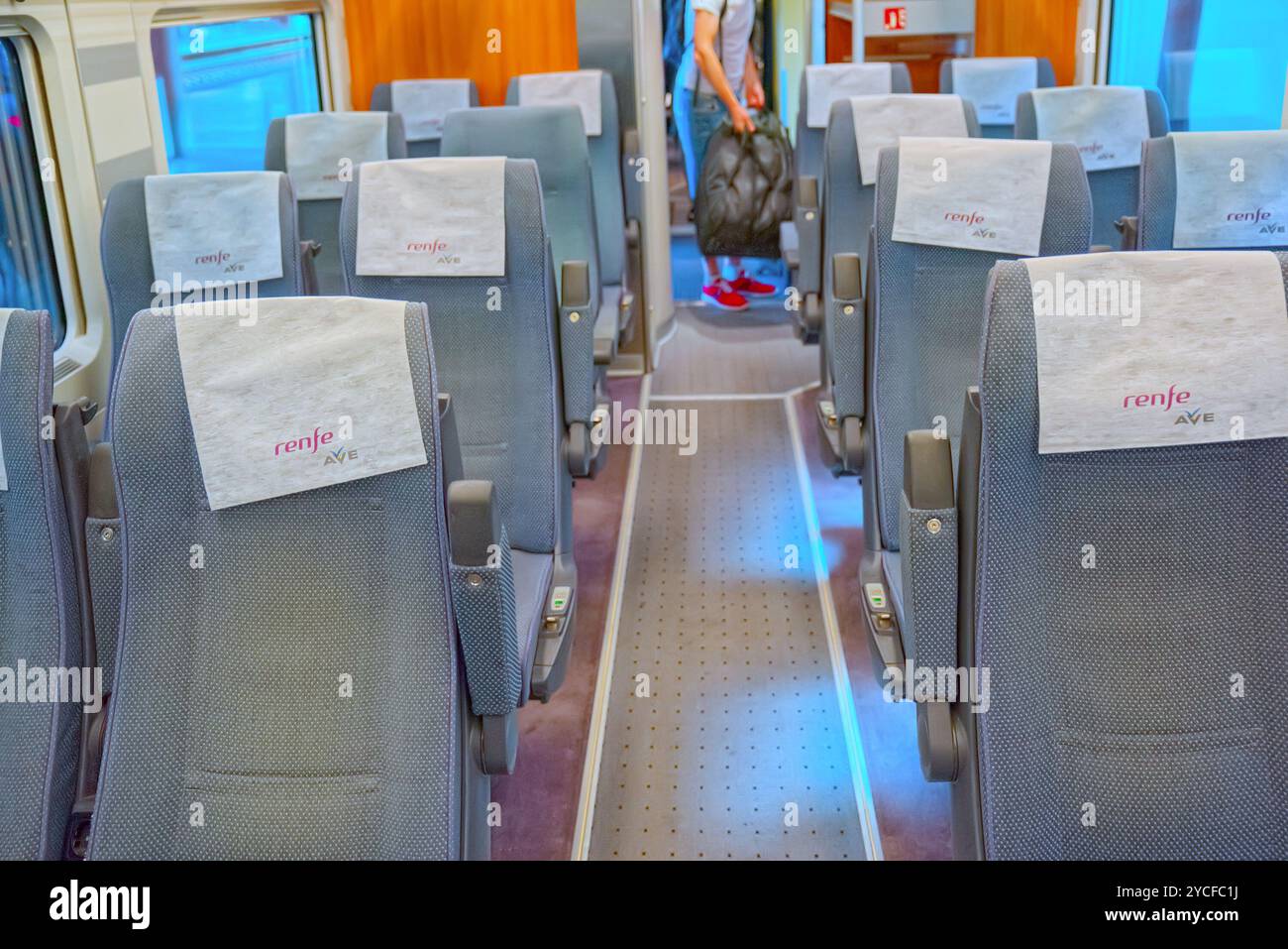 Madrid, Spain - June 08, 2017 : Interior of modern hi-speed passenger train of Spanish railways company-Renfe, on Madrid railways station Puerta de At Stock Photo