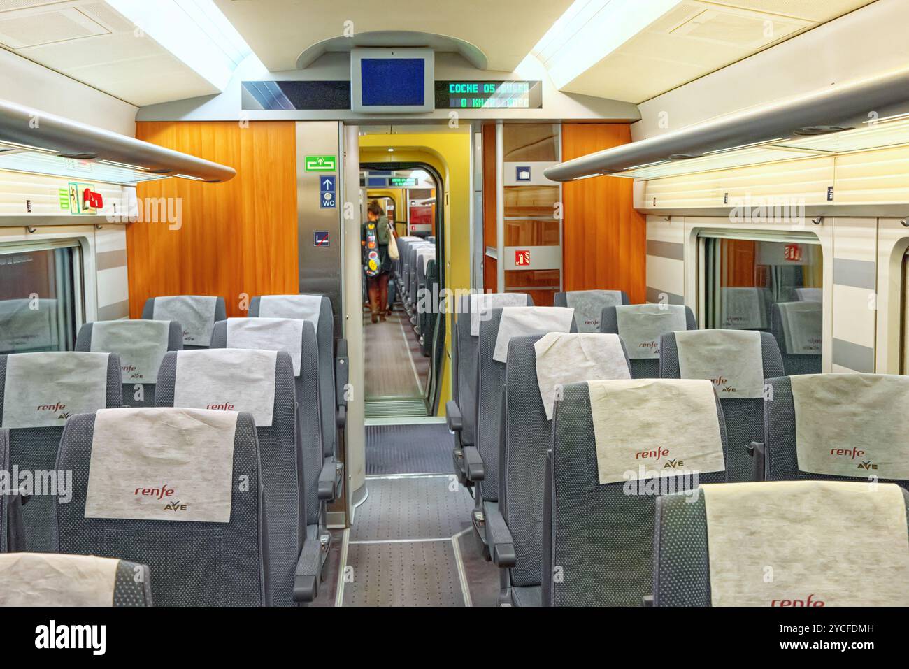 Seville, Spain - June 10, 2017 : Interior of modern hi-speed passenger train of Spanish railways company-Renfe, on Seville railways station Sevilla Sa Stock Photo