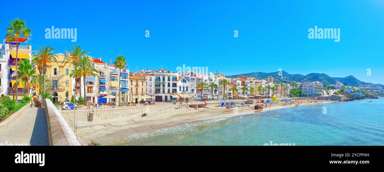 Sitges, Spain - June 14, 2017 : View of the beach and the sea shore of a small resort town Sitges in the suburbs of Barcelona. Stock Photo