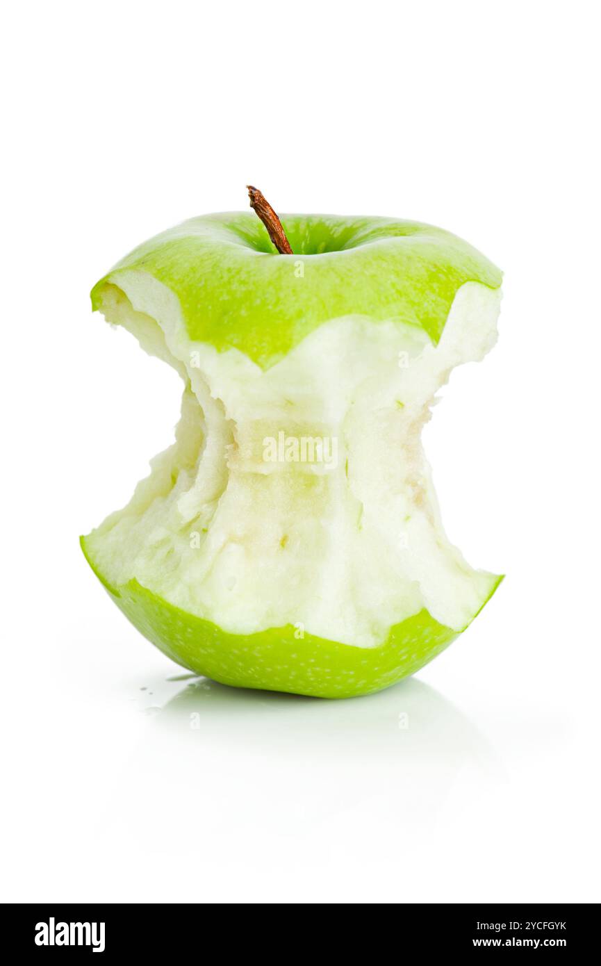 Bited One bited green apple fruit on white background Stock Photo - Alamy
