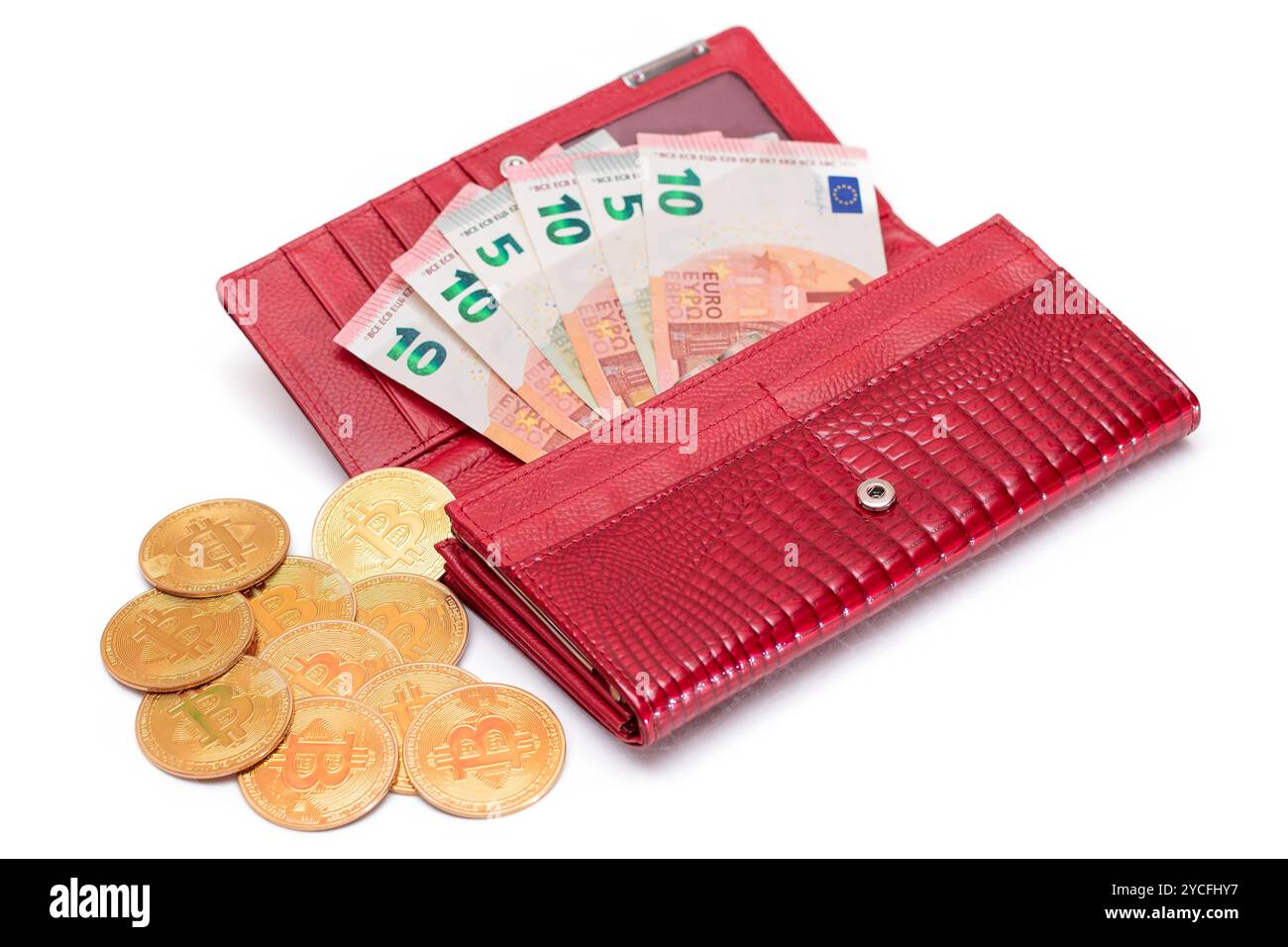 Opened Red Women Purse with 10 Euro Banknotes Inside and Bitcoin Coins -  Isolated on White Background. A Wallet Full of Money Symbolizing Wealth,  Success, Shopping and Social Status - Isolation Stock Photo - Alamy