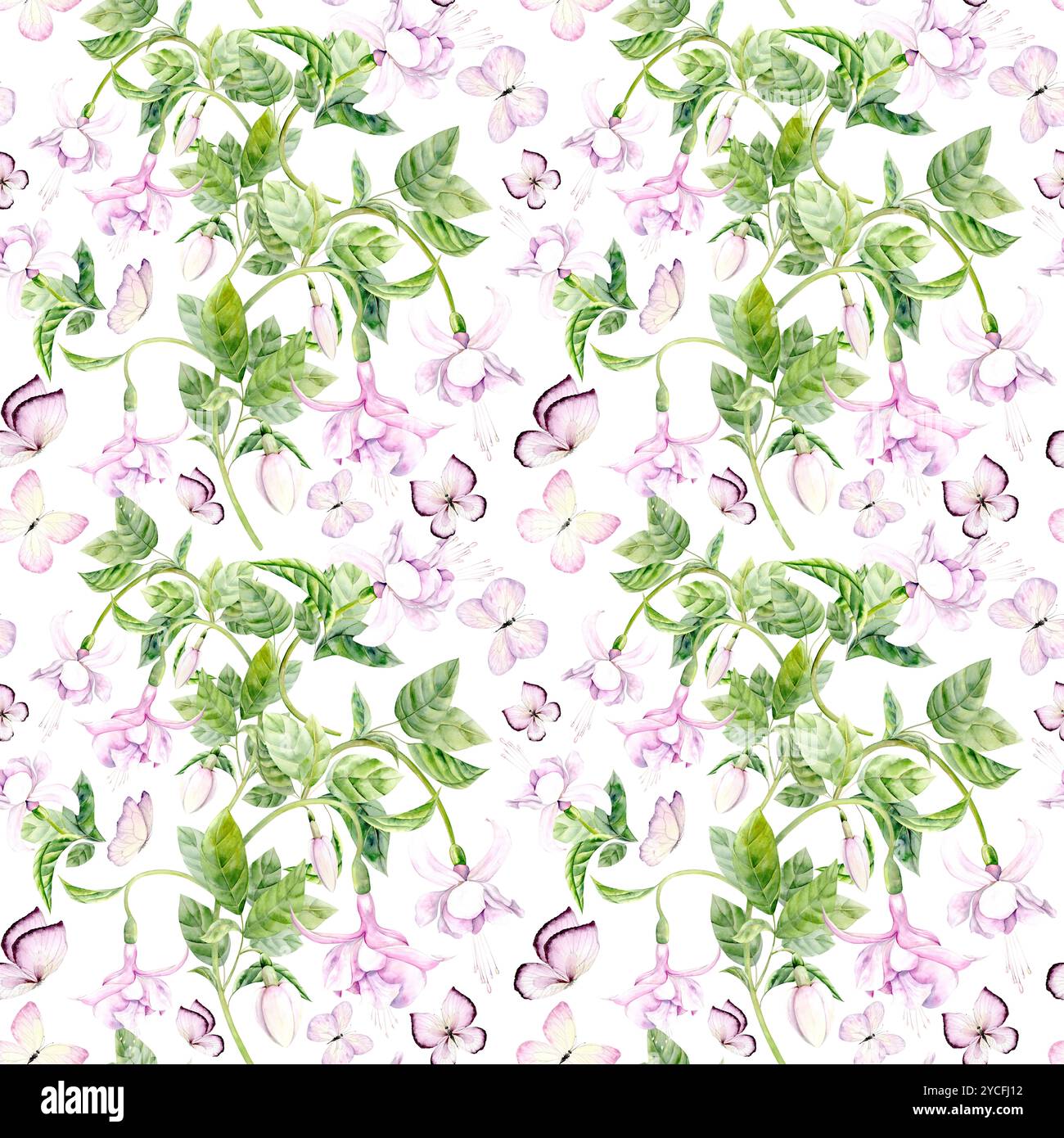 Seamless pattern of Fuchsia and butterflies. Watercolor illustration is hand drawn. Suitable for decor and textiles Stock Photo