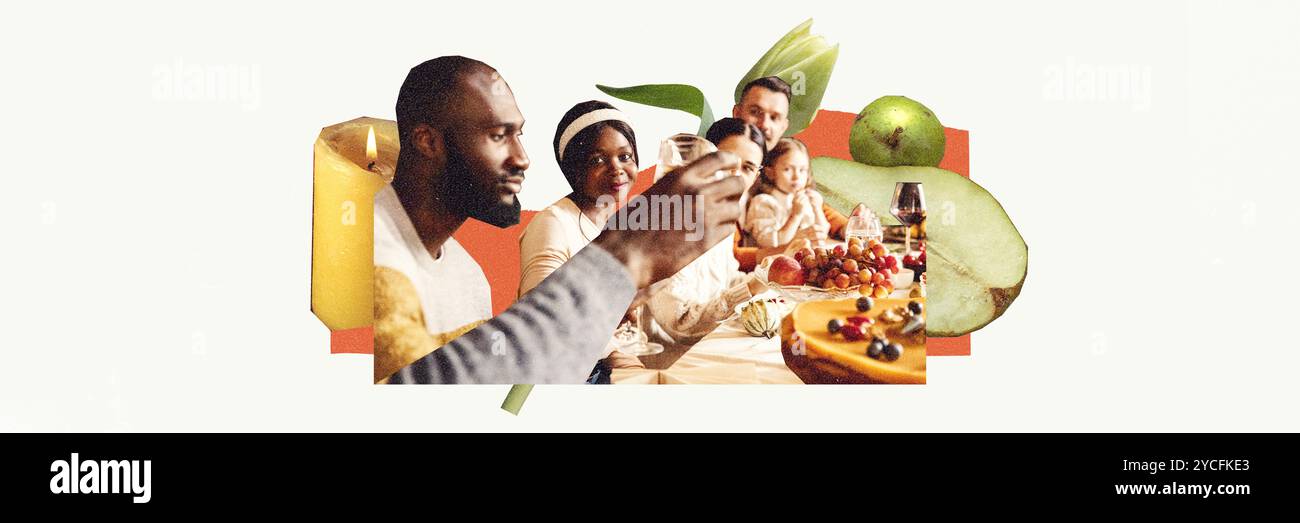 Thanksgiving family dinner celebration with wine and variety of festive dishes. Contemporary art collage. Stock Photo