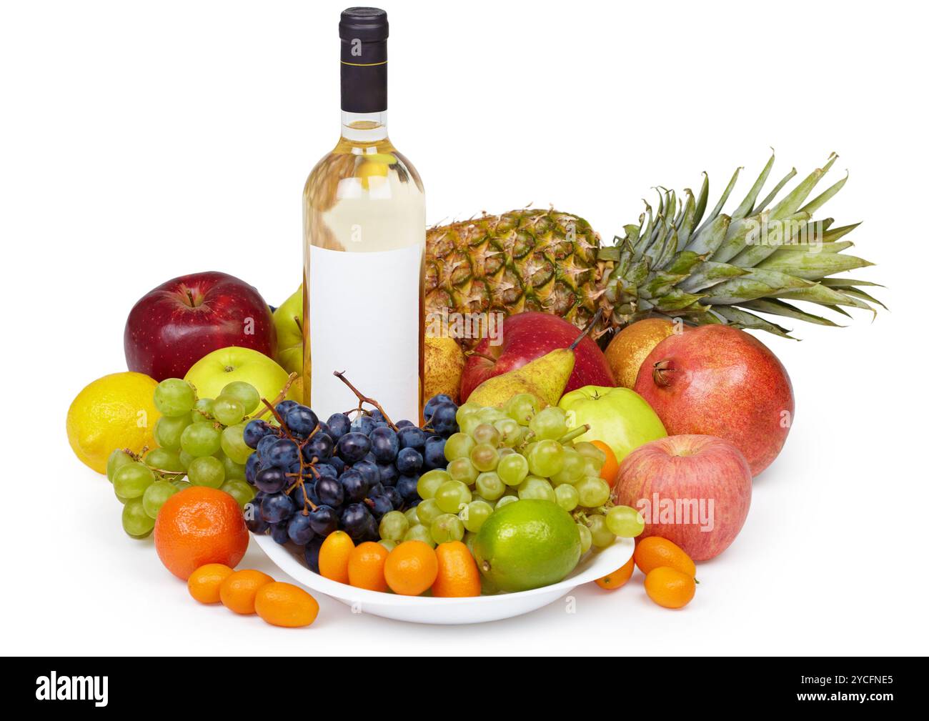 Still life - tropical fruits and bottle of wine Stock Photo - Alamy