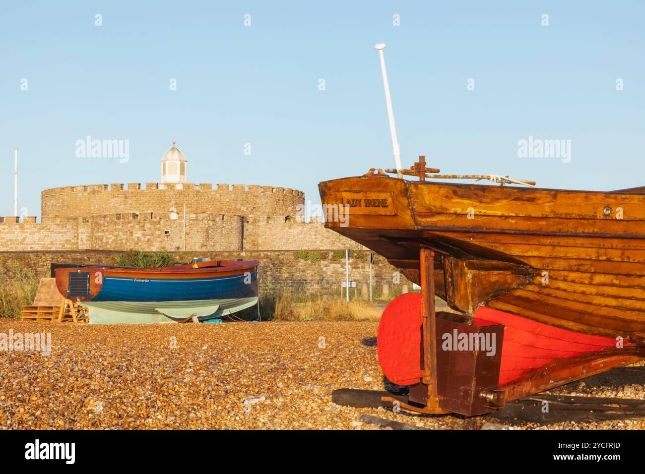 England, Kent, Deal, Deal Beach, Deal Castle and Wooden Clinker Fishing Boat Stock Photo