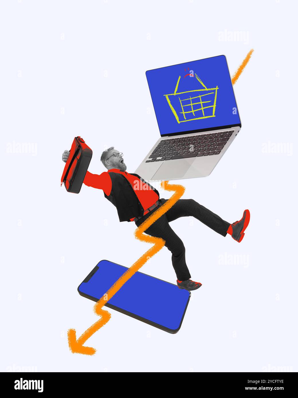Contemporary art collage. Young man, professional falling between phone ...