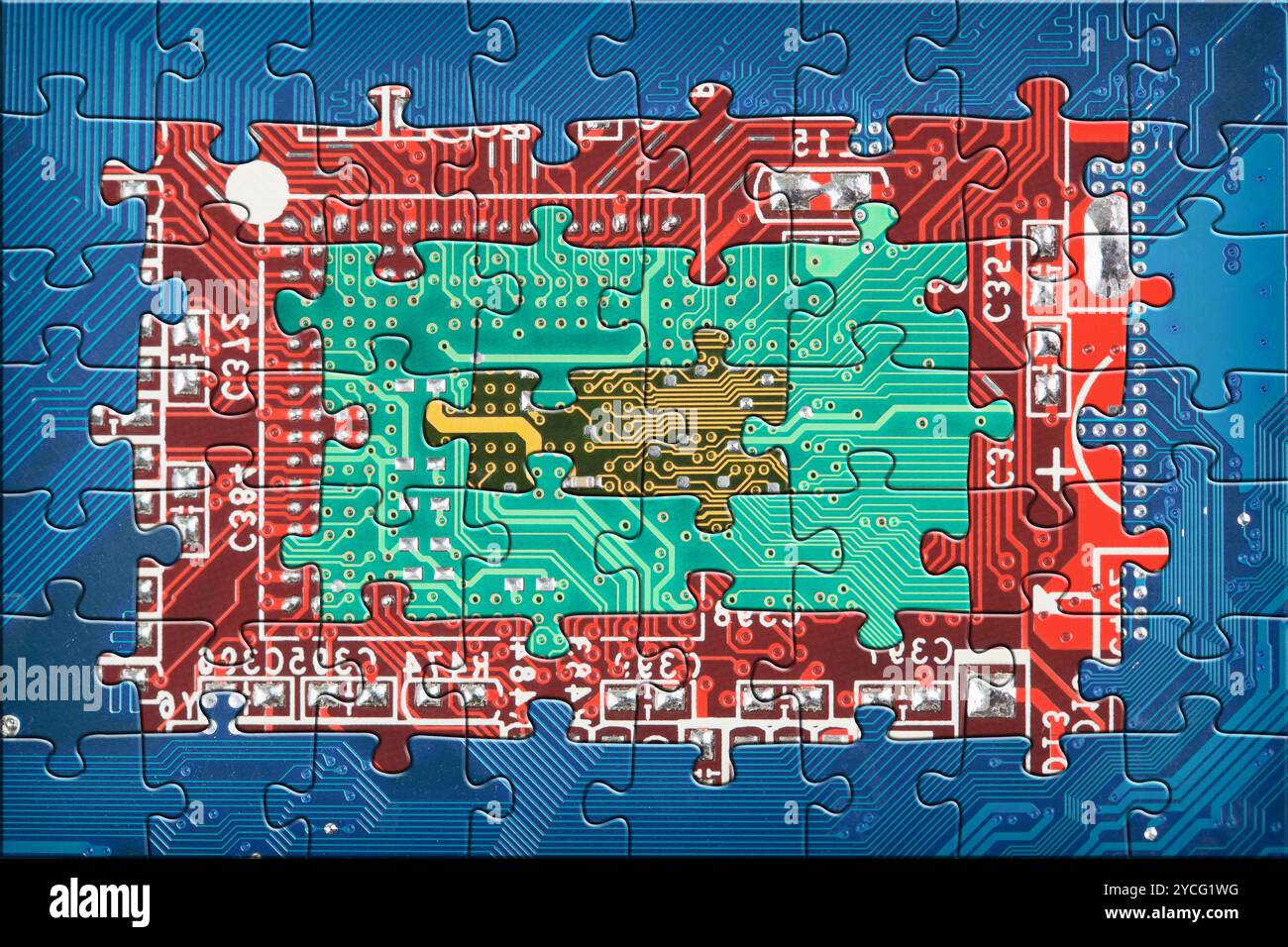 Abstract multicolor circuit board puzzle background Stock Photo