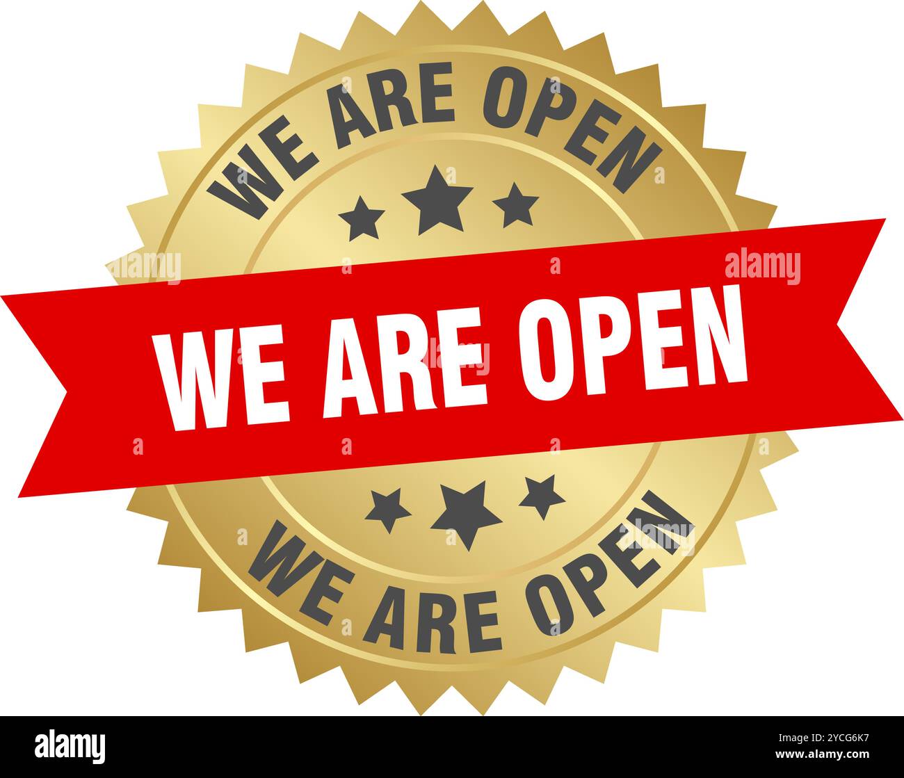 we are open round red and gold label isolated on transparent background ...
