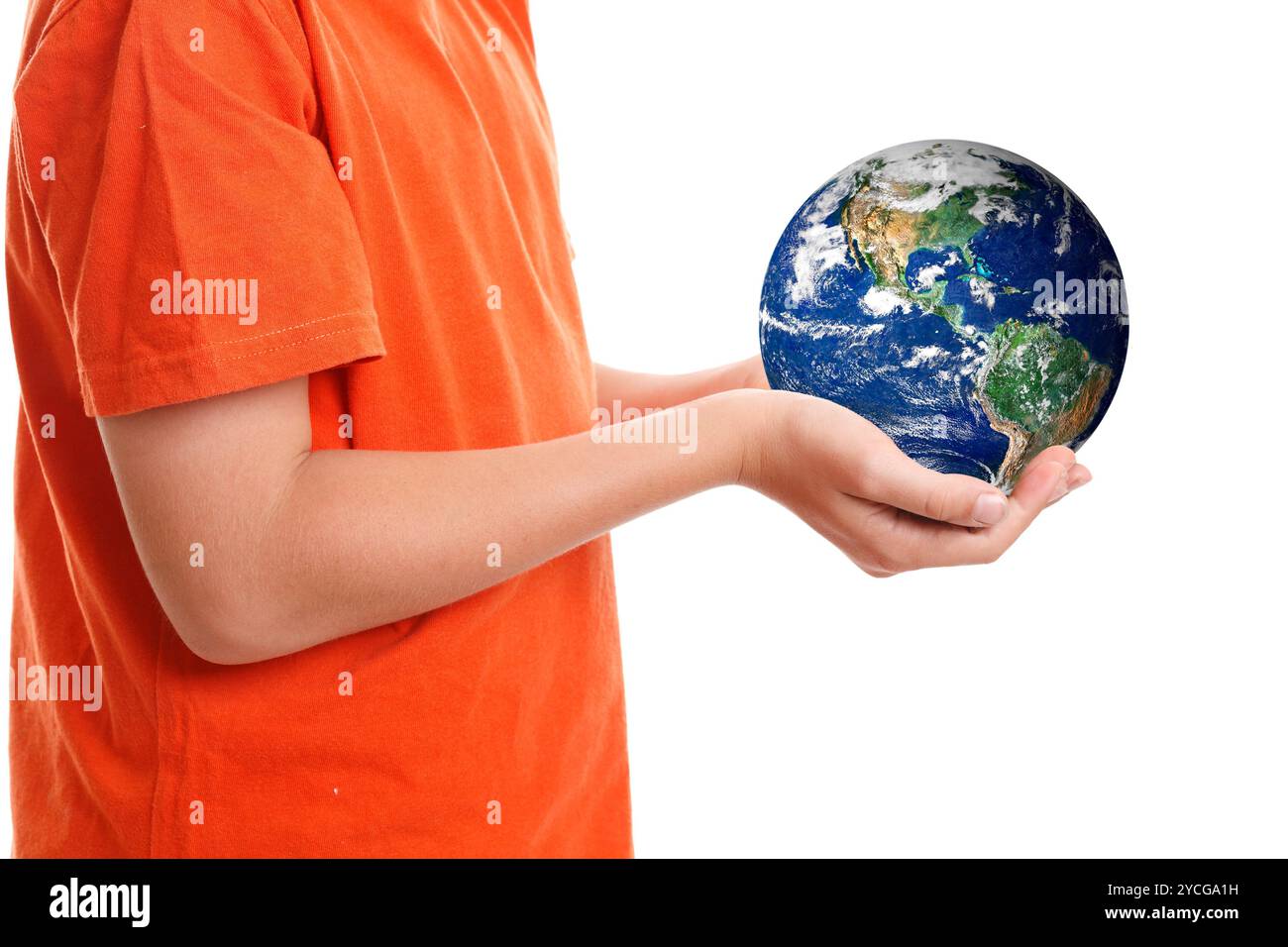 Hands cupping holding our planet Earth Stock Photo