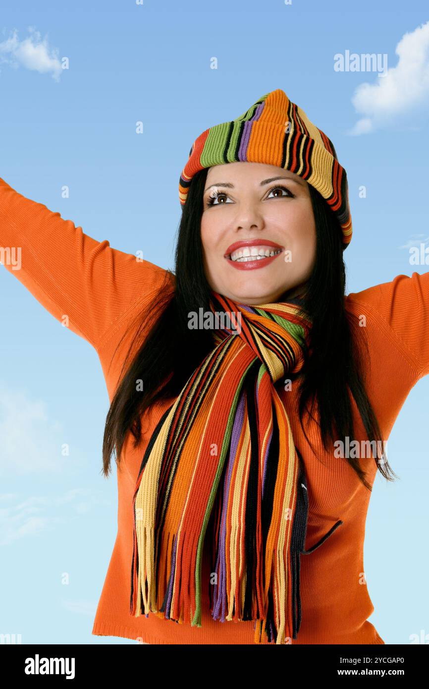 Vibrant happy woman emotionally charged rejoicing at lifes blessings. Stock Photo