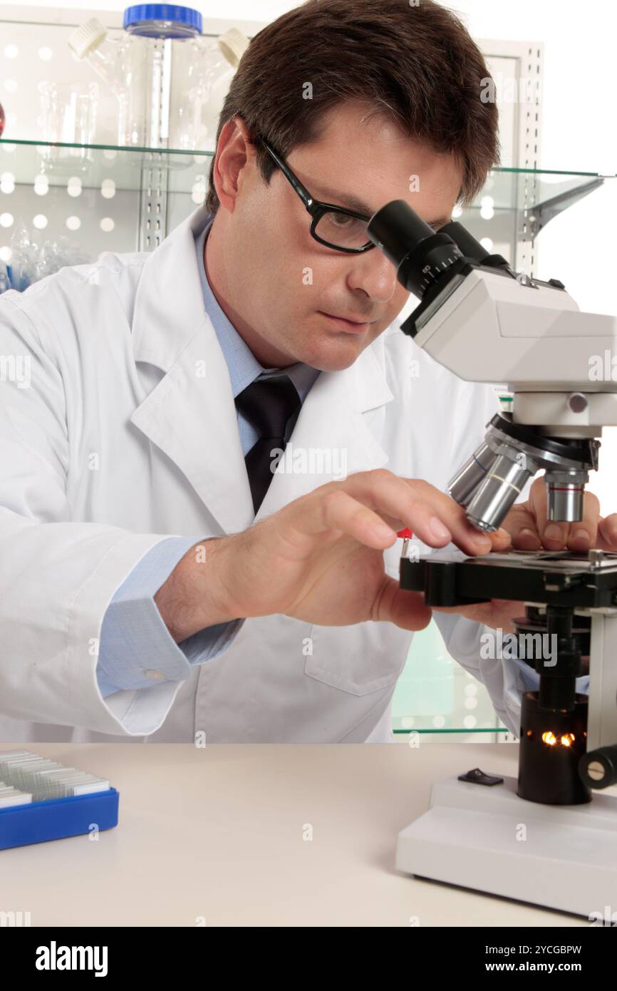 Placing slide under microscope Stock Photo - Alamy