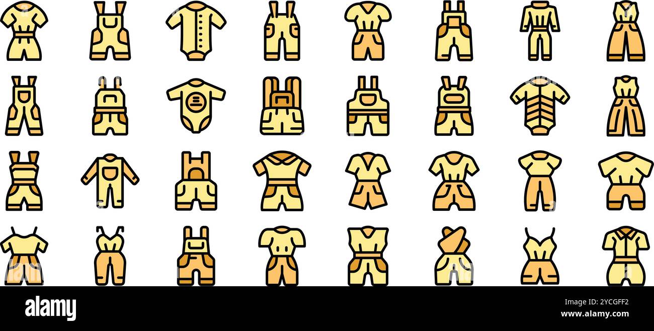 This set of icons features various styles of jumpsuits and overalls ...