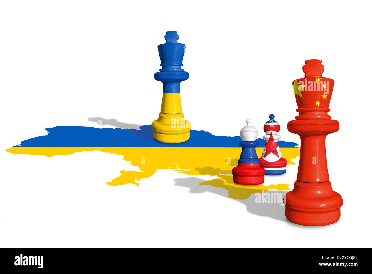 Chess made from Ukraine and Russia with Nord Korea and China flags on a Ukraine flag map. Stock Photo