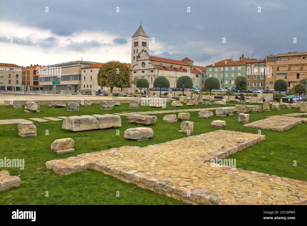 Green square in Zadar - Forum, roman remains Stock Photo