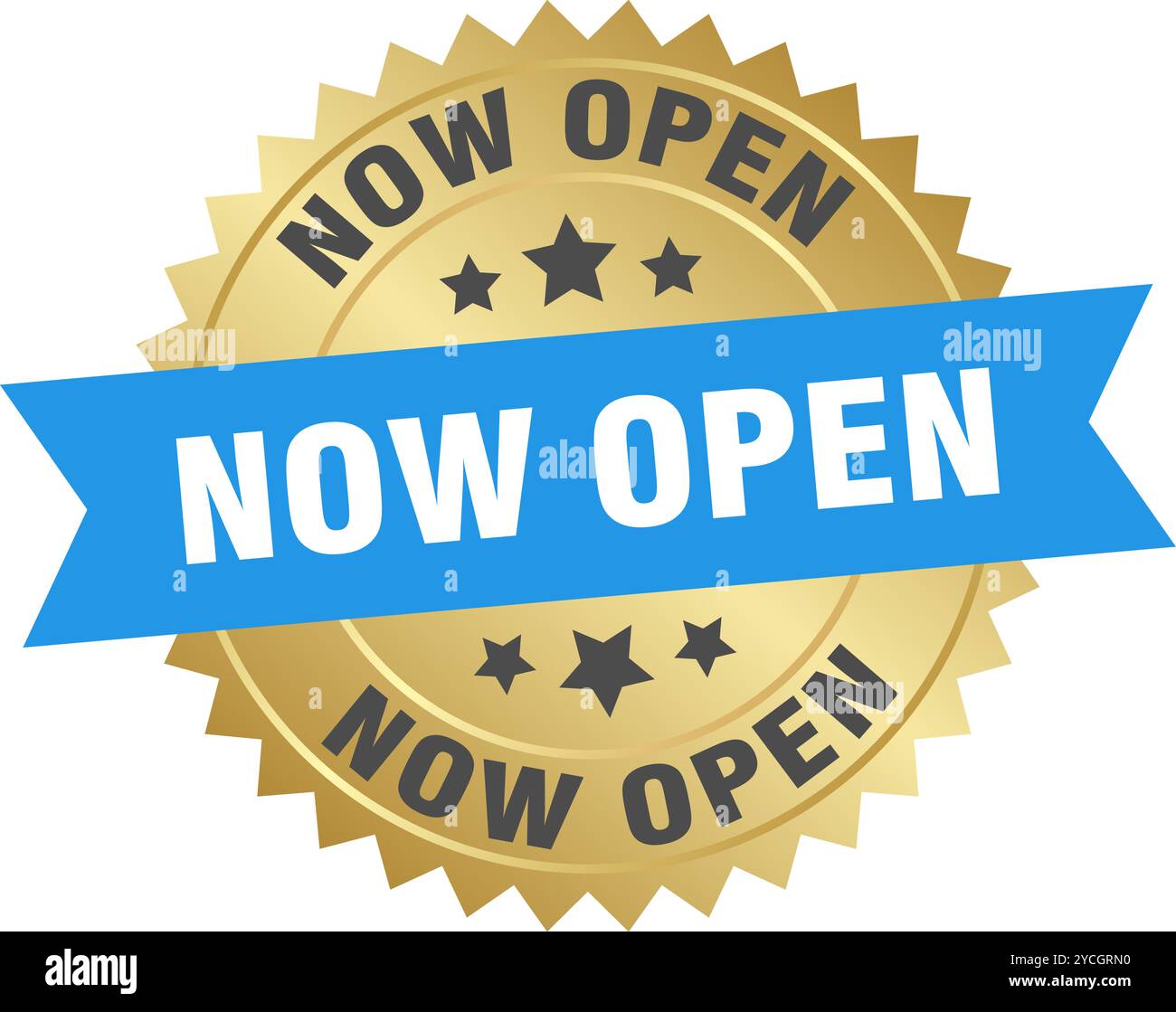 now open round blue and gold label isolated on transparent background ...