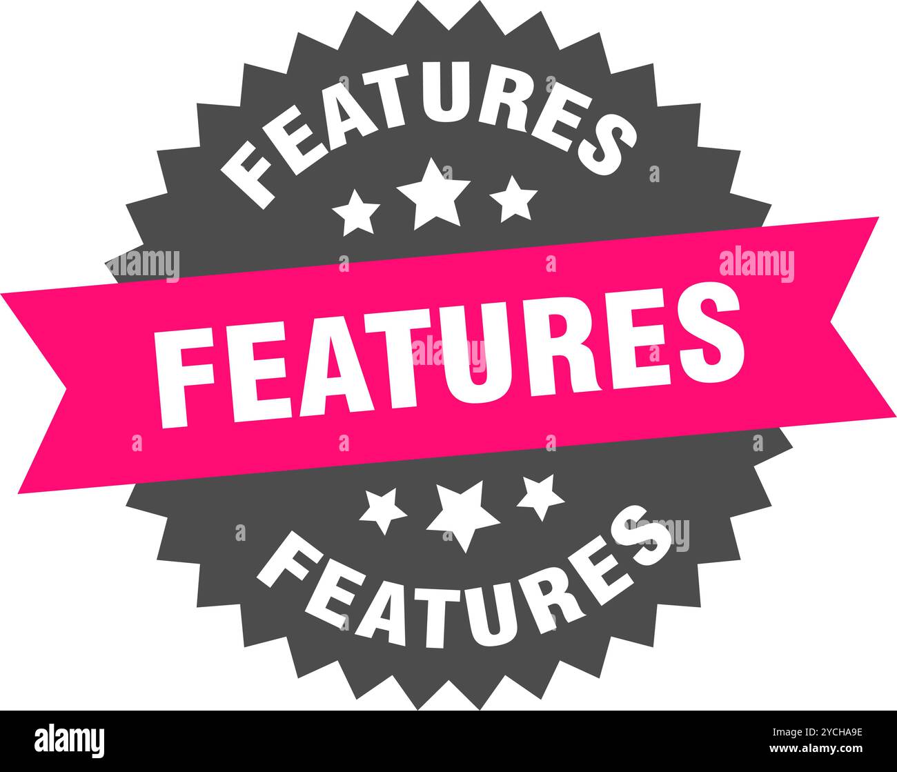 features round pink label isolated on transparent background. features ...