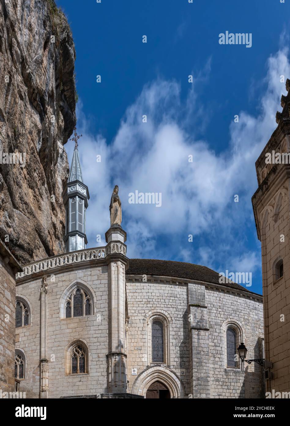 Statue of the Black Madonna on top of the Chapelle Notre-Dame, Rocamadour, Occitania, France. Stock Photo