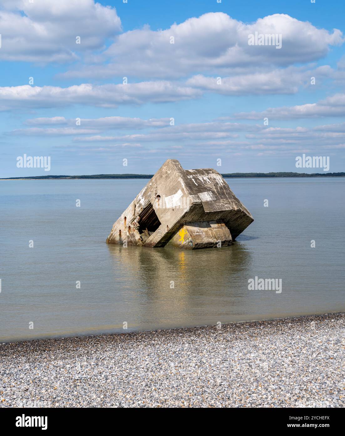 On the cycle trail a German gun emplacemnet defence destroyed on shingle beach at Le Hourdel, 80410 Cayeux-sur-Mer, France Stock Photo