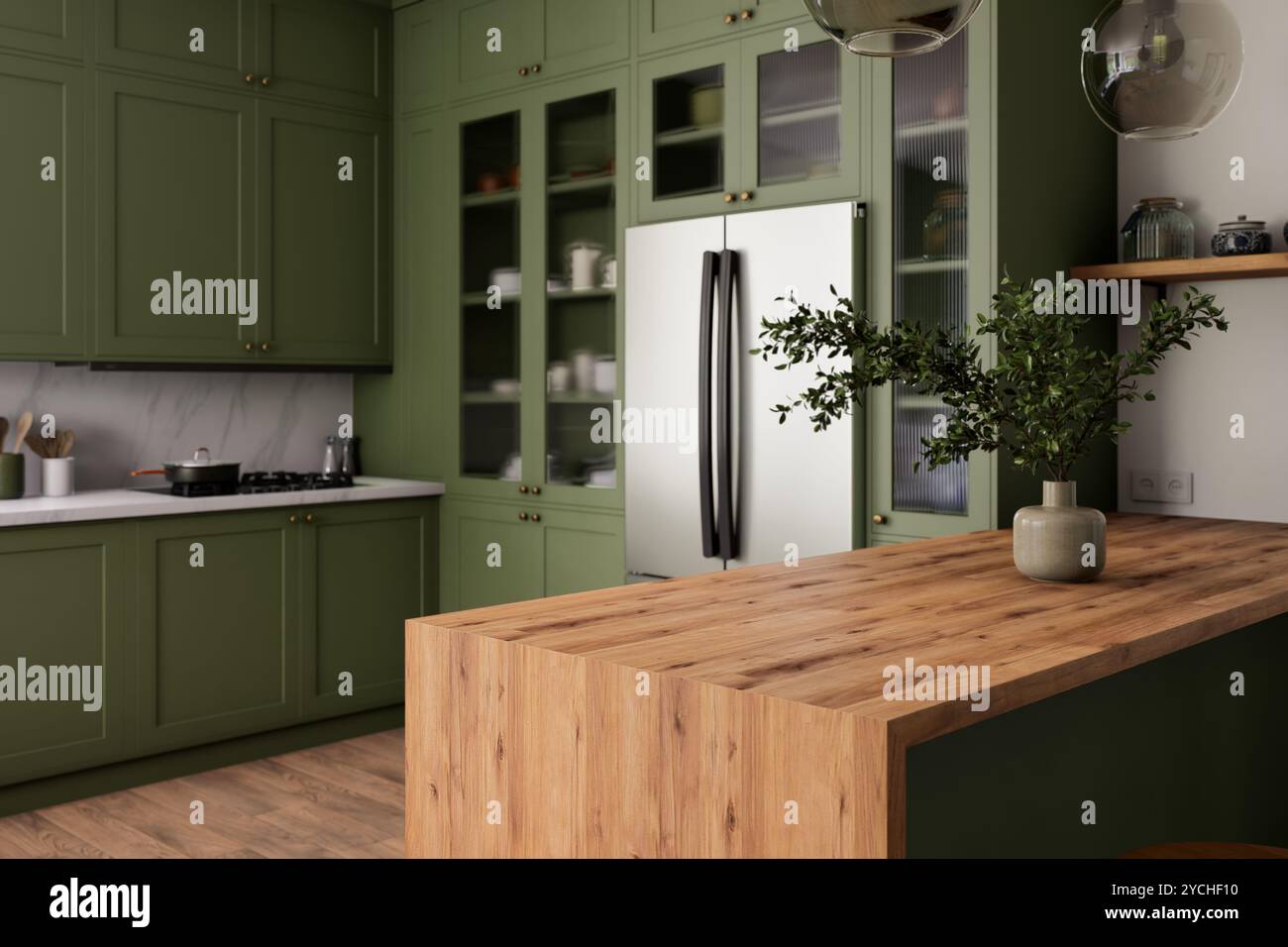 Image showcasing A modern green kitchen with beautiful natural wood accents creates a ...