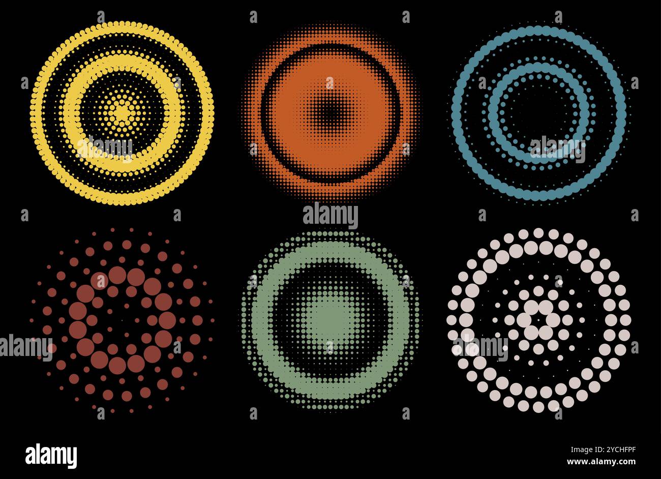 A vibrant vector halftone background set. circular patterns on a dark backdrop. Vector illustration Stock Vector