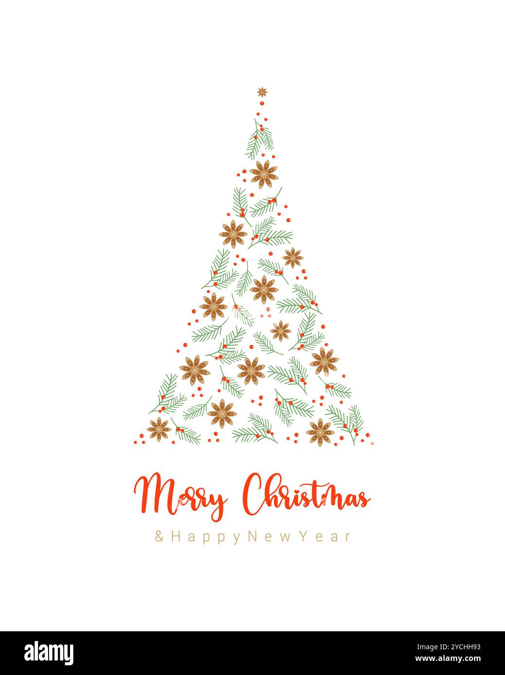 Merry Christmas card with fir branches and anise stars and red berries ...