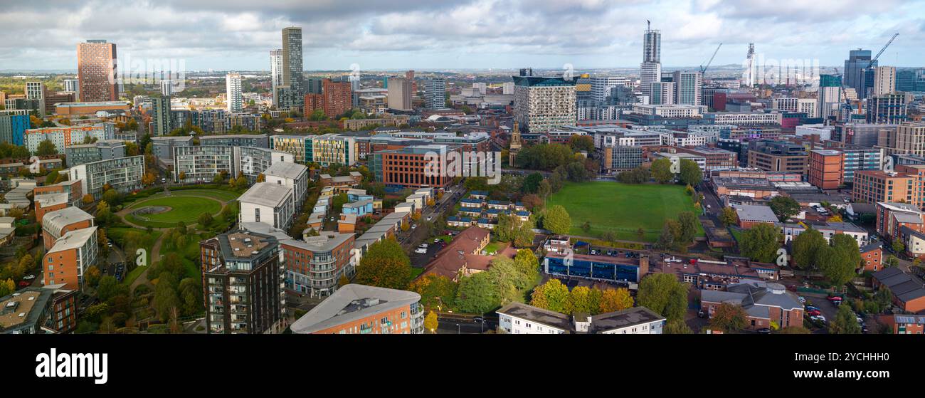 Panoramic Aerial image of Birmingham skyline in Autumn Stock Photo