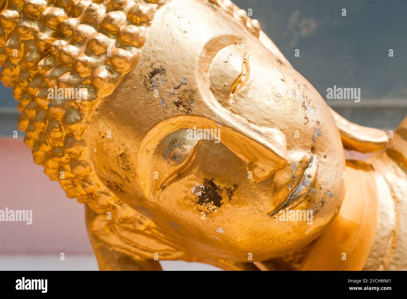 Face of resting Golden Buddha. Thailand Stock Photo