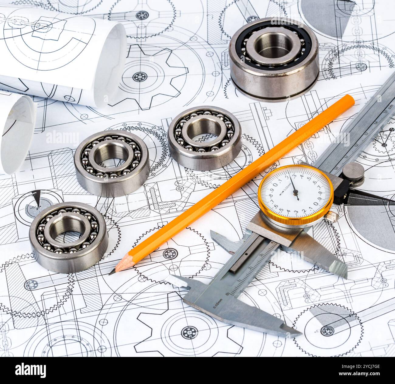 Ball bearings on technical drawing Stock Photo