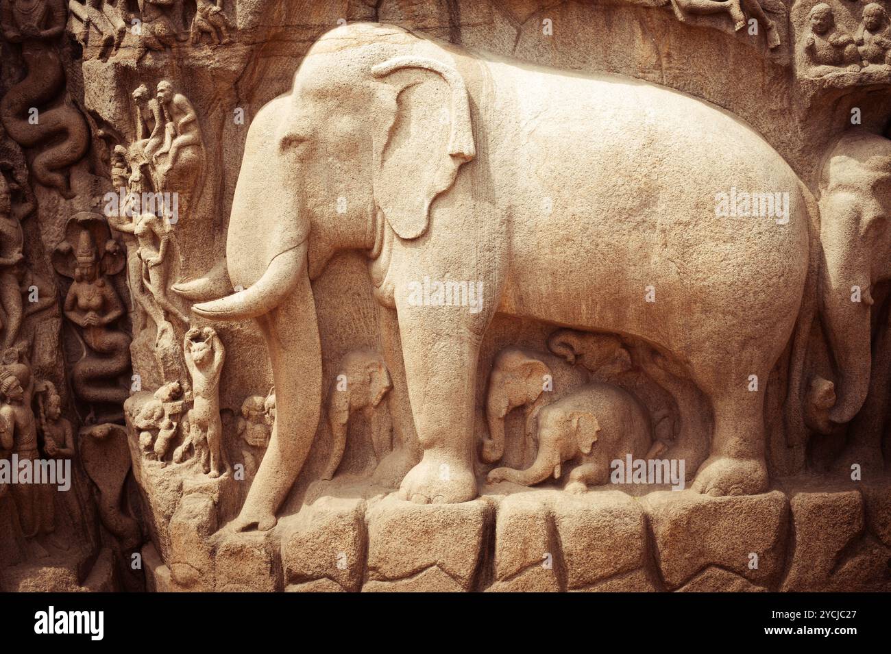 Stone bas relief fragment with elephant. India Stock Photo