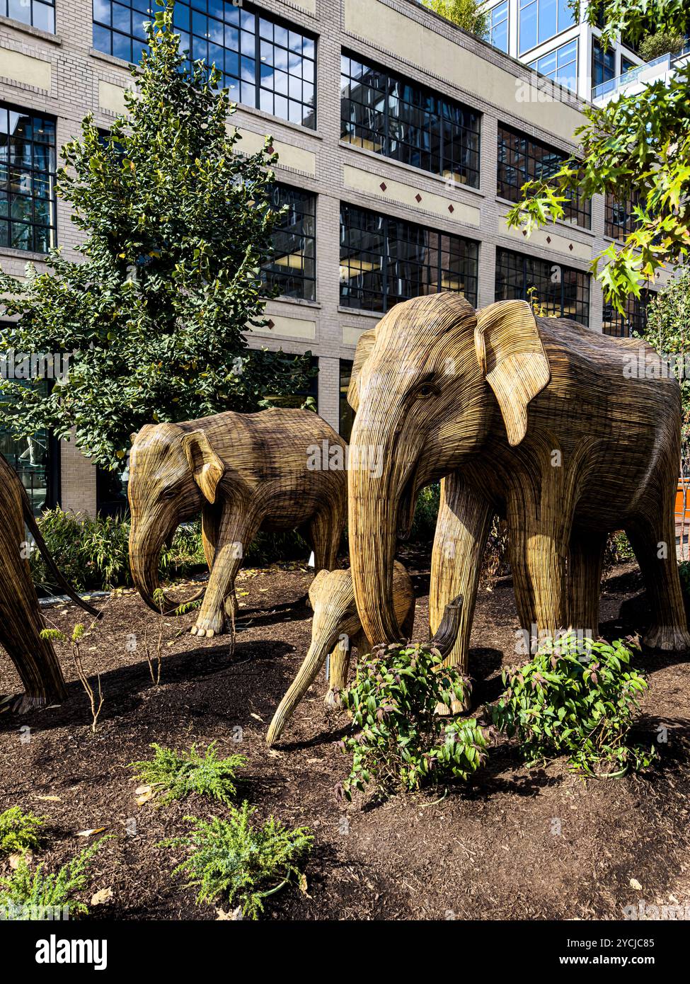 Great Elephant Migration sculptures by the Coexistence Collective, constructed by Indian indigenous artisans out of the Lantana camara, New York City - Smartphone Captured Stock Image