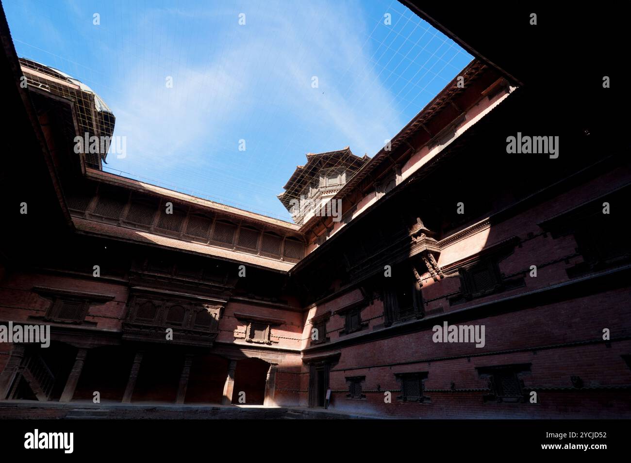 Hindu temple architecture. Carved wooden old Royal Palace. Nepal, Kathmandu, Durbar Square, Hanuman Dhoka Stock Photo