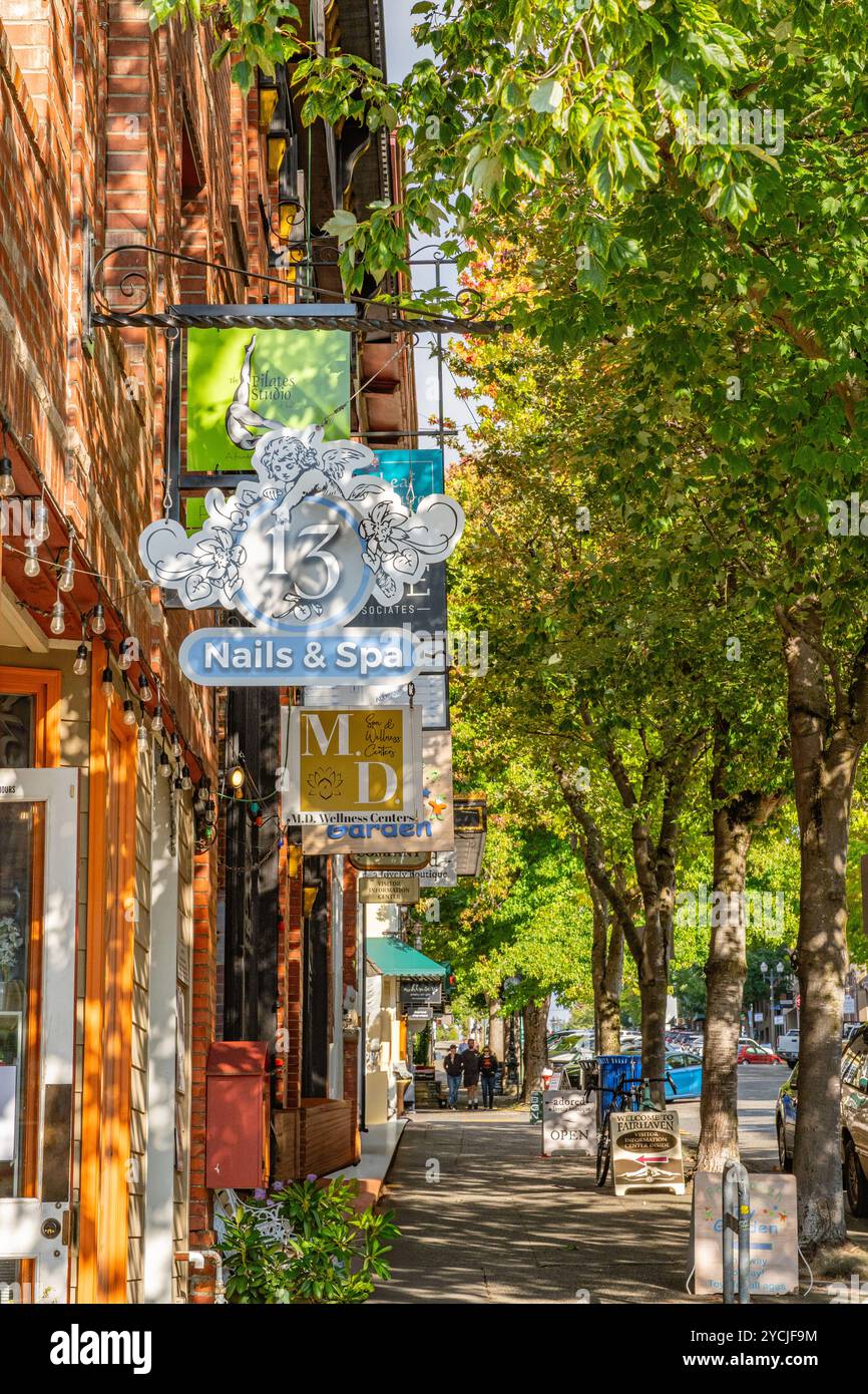 Bellingham, WA, US-September 15, 2024: Street scene in the Fairhaven village neighborhood of the city. Stock Photo