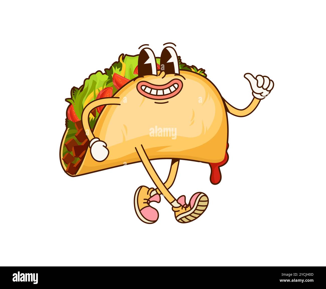 Cartoon mexican fast food taco groovy character. Junk menu snack childish cartoon funky mascot, takeaway cafe taco or fast food restaurant meal cute vintage isolated vector groovy personage Stock Vector