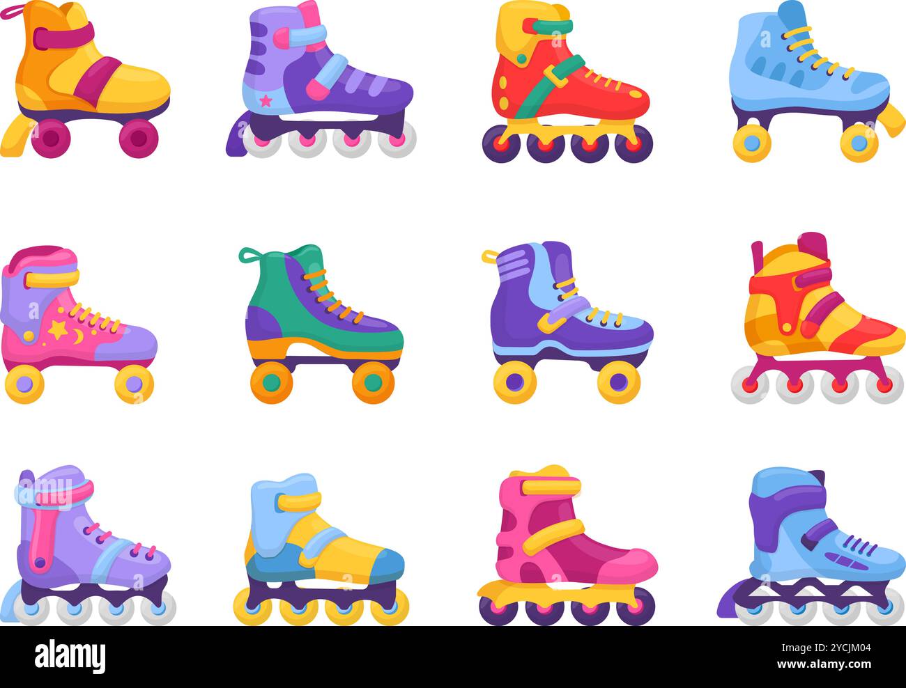 Roller skates. Vibrant retro sport roller skate, vintage 90s 80s style design of kids footwear on wheels. Roller skating equipment, sporty neoteric Stock Vector