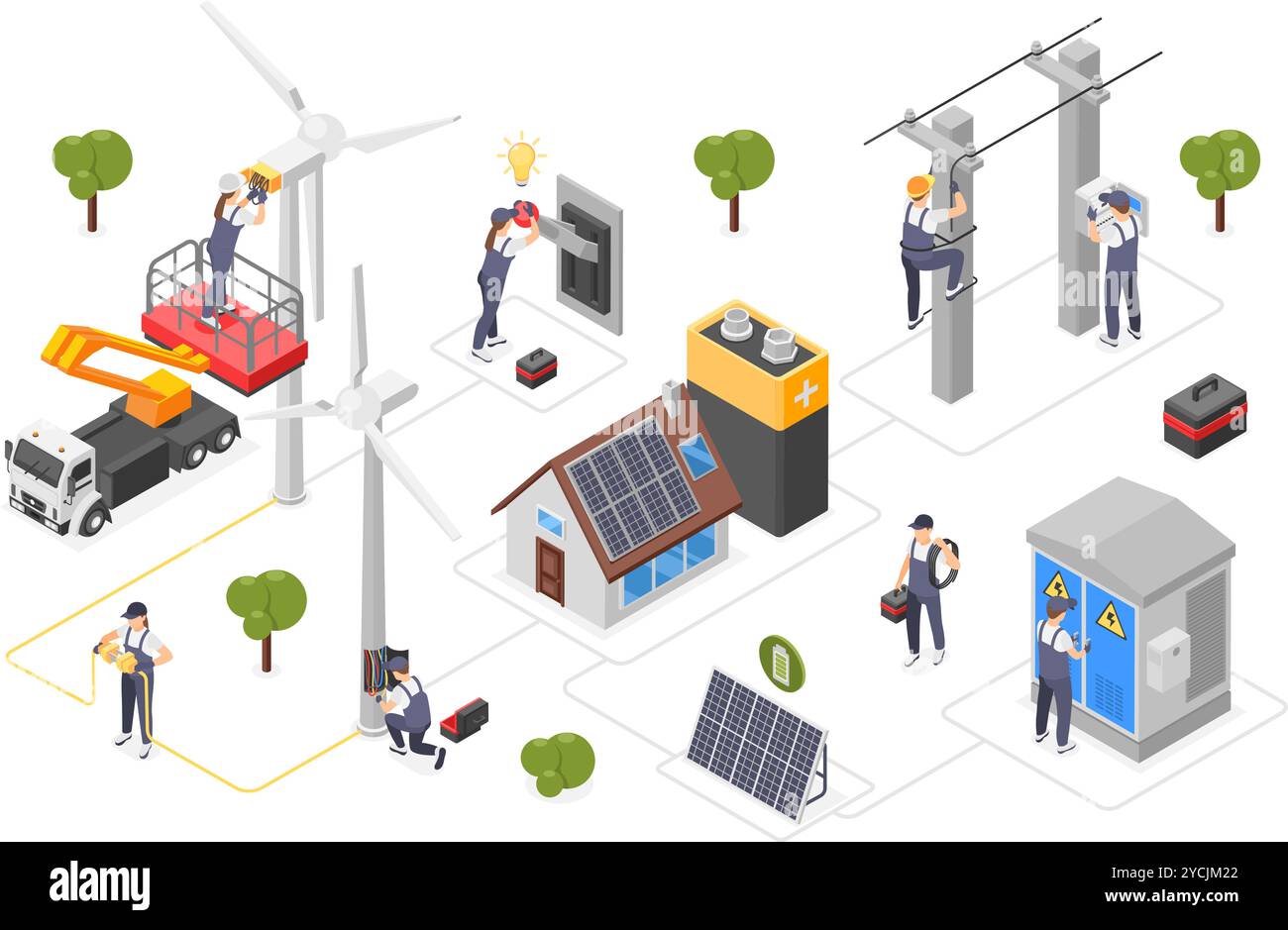 Isometric smart electricity. Clean electrical energy, wind turbines ...