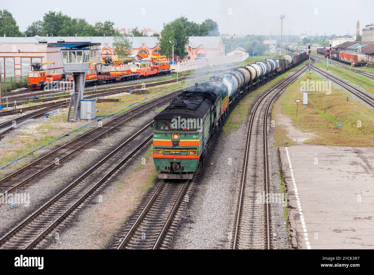 IVANOVO, RUSSIA - JUNE 29, 2013: View of railway station in city Ivanovo in summertime. Trains of the Russian Railways company (RZhD) Stock Photo