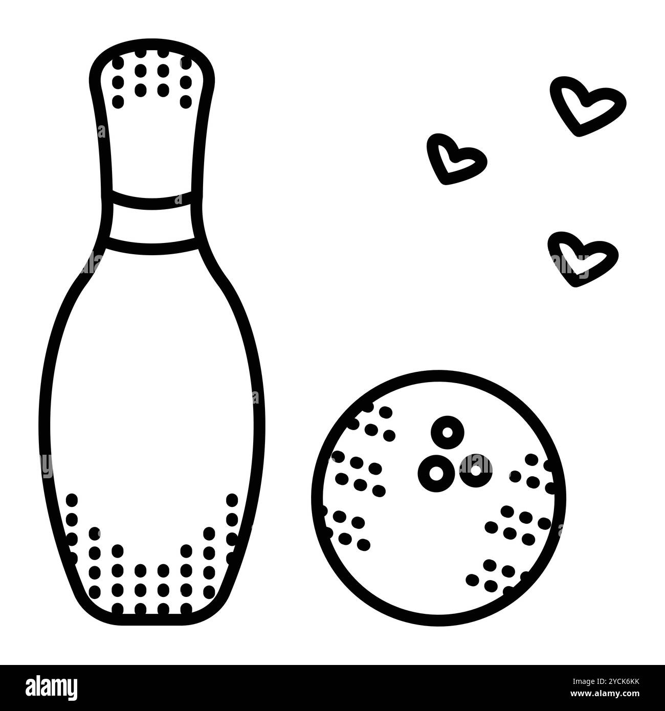 Bowling pin, ball and hearts. Vector monochrome illustration, icon of sport equipment, editable stroke Stock Vector