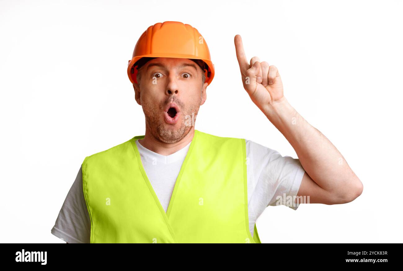 Builder Worker Pointing Finger Up Having Idea On White Background Stock Photo