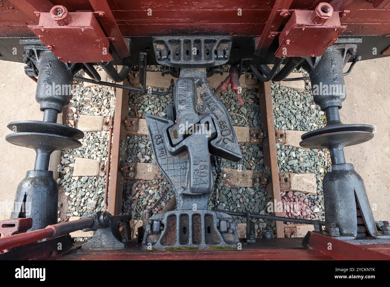 Close up of a Train car coupler joint Stock Photo