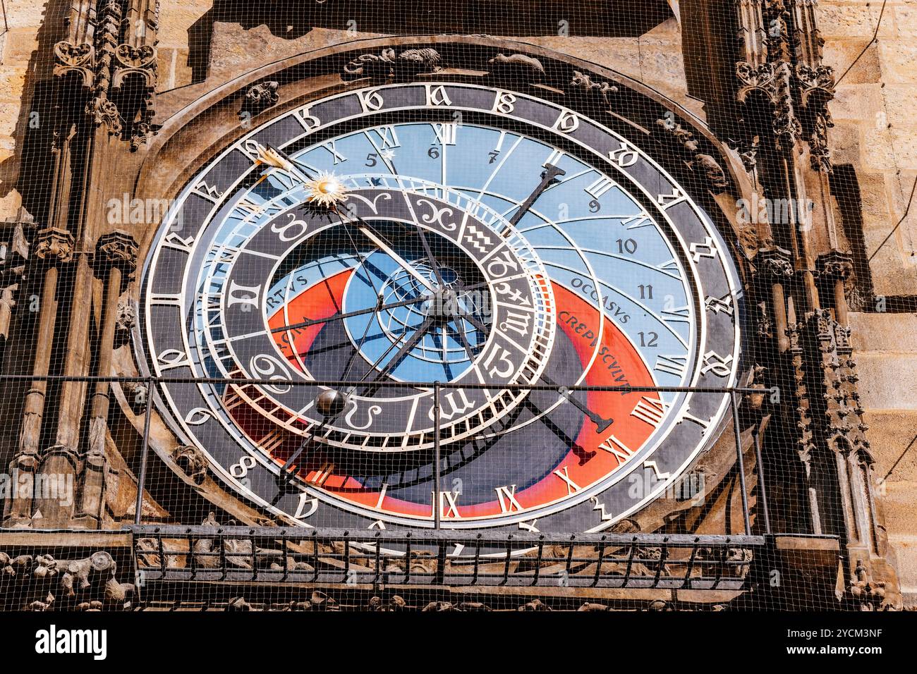 Detail astronomical dial. The Prague astronomical clock or Prague Orloj is a medieval astronomical clock attached to the Old Town Hall in Prague. The Stock Photo