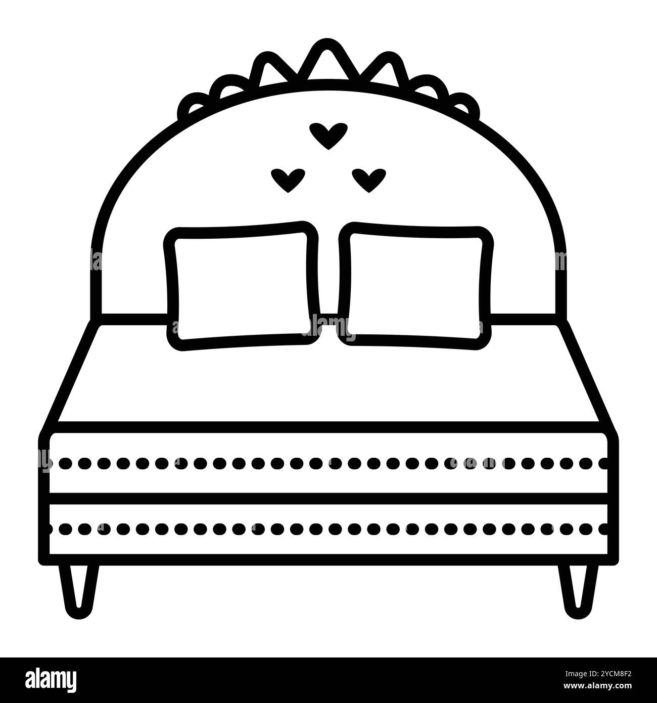 Double bed with headboard and two pillows, single vector black line illustration, outline monochrome sign, editable stroke, pixel perfect Stock Vector