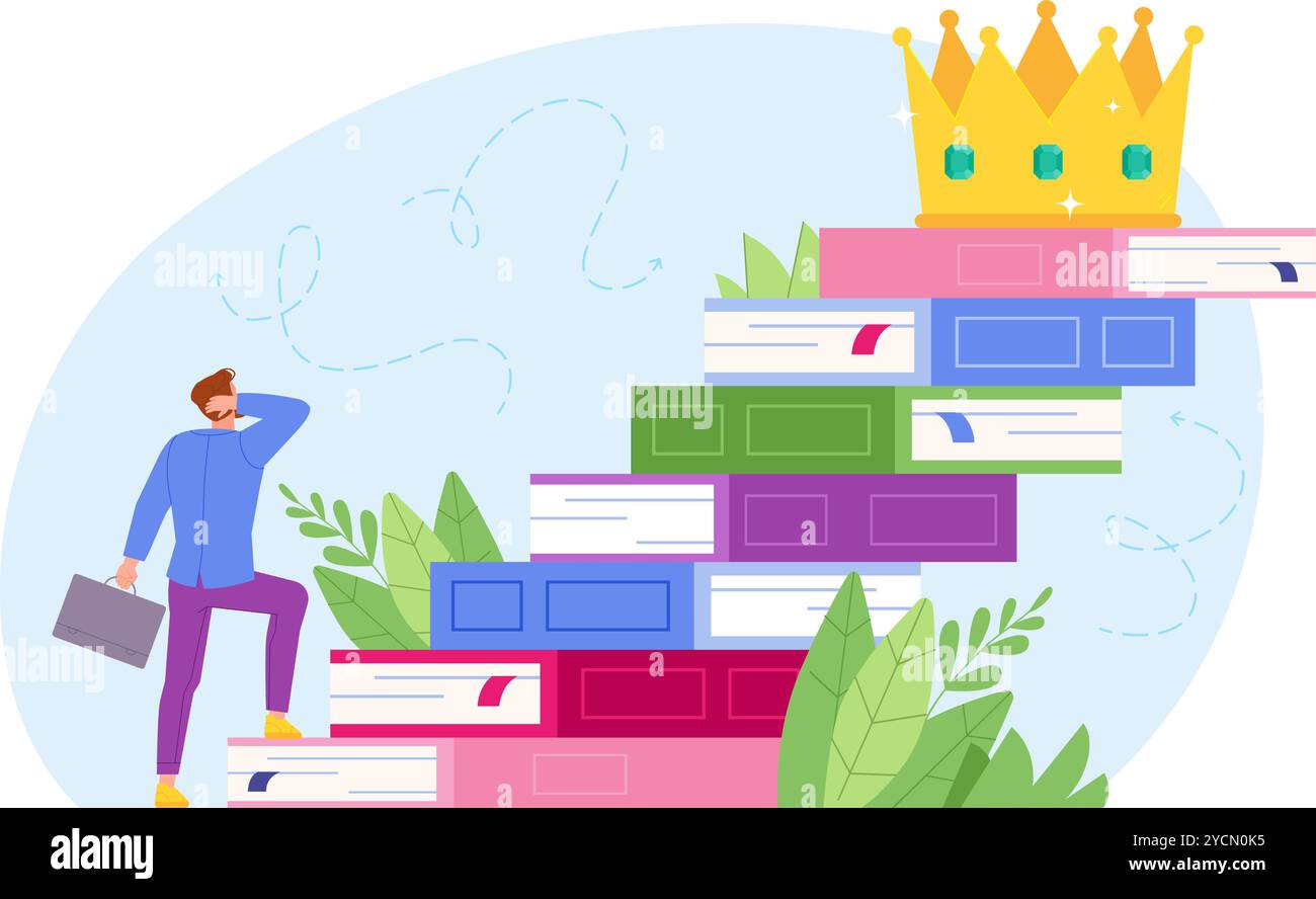 Steps books to goal. Businessman step up on stack books to crown ...